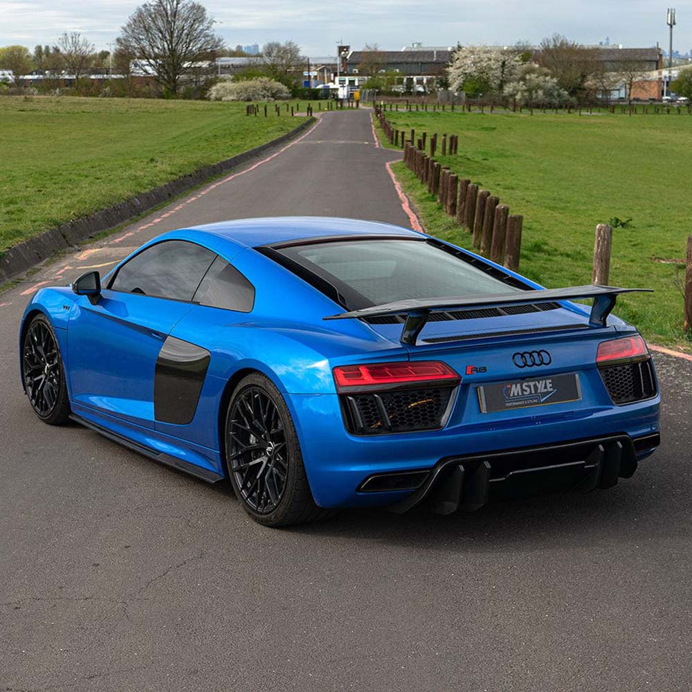 Carbon fibre rear wing spoiler for Audi R8 V10 Gen 2/2.5 by CT Carbon, featuring V-style design and lightweight aerodynamic construction.