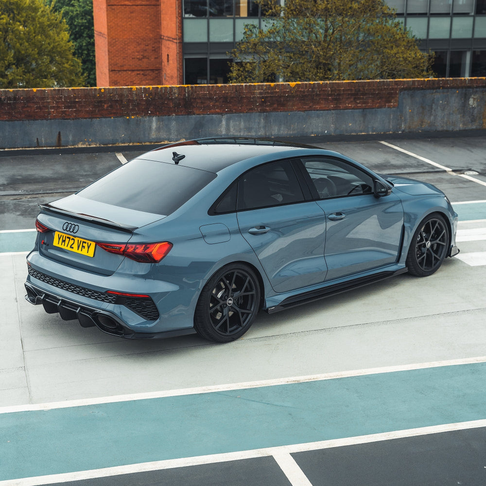 CT Carbon diffuser for Audi RS3 8Y saloon, carbon fiber V1 design showing sleek, aerodynamic rear car component.