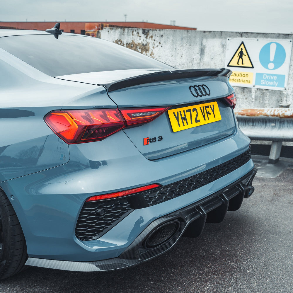 CT Carbon Audi RS3 8Y 2022-2024 saloon carbon fibre diffuser V1 showing sleek, aerodynamic design and textured carbon finish.