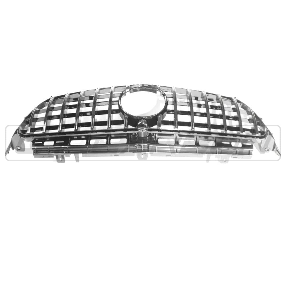 Mercedes W213 and C238 2017-2020 E-Class CT Carbon gloss black Panamerica grille, close-up view of the stylish front grille design.