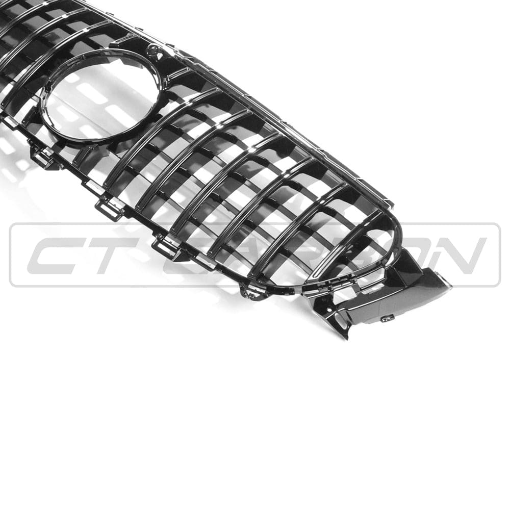 CT Carbon gloss black PanAmerica grille for Mercedes W213 and C238 E-Class 2017-2020, with a sleek, split design.