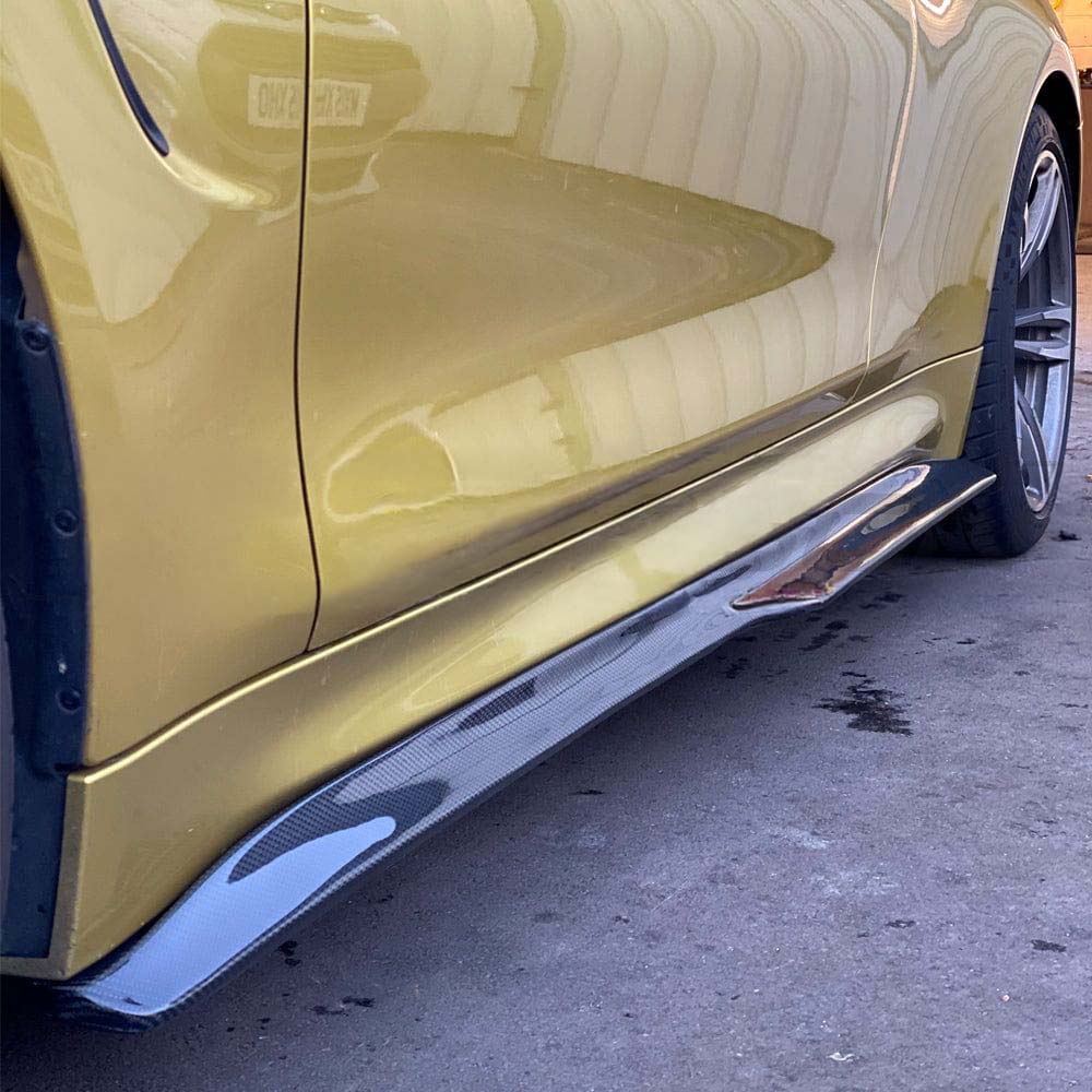 BMW F80 M3 2014-2020 CT Carbon fiber side skirts, V3 style, installed on vehicle, showcasing sleek, lightweight car body enhancements.
