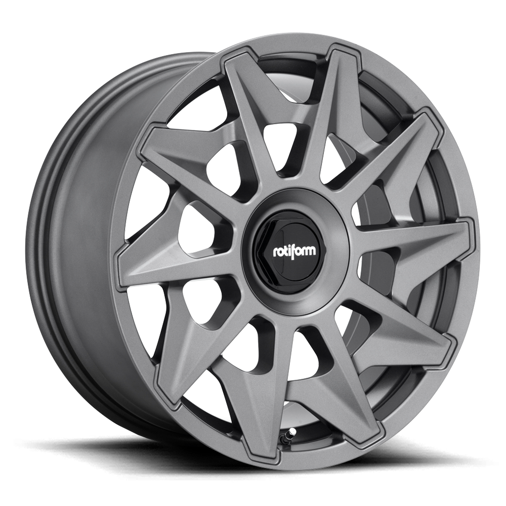 Rotiform CVT wheels in black, matte anthracite, and silver finish displayed on a car, showcasing their stylish multi-spoke design.