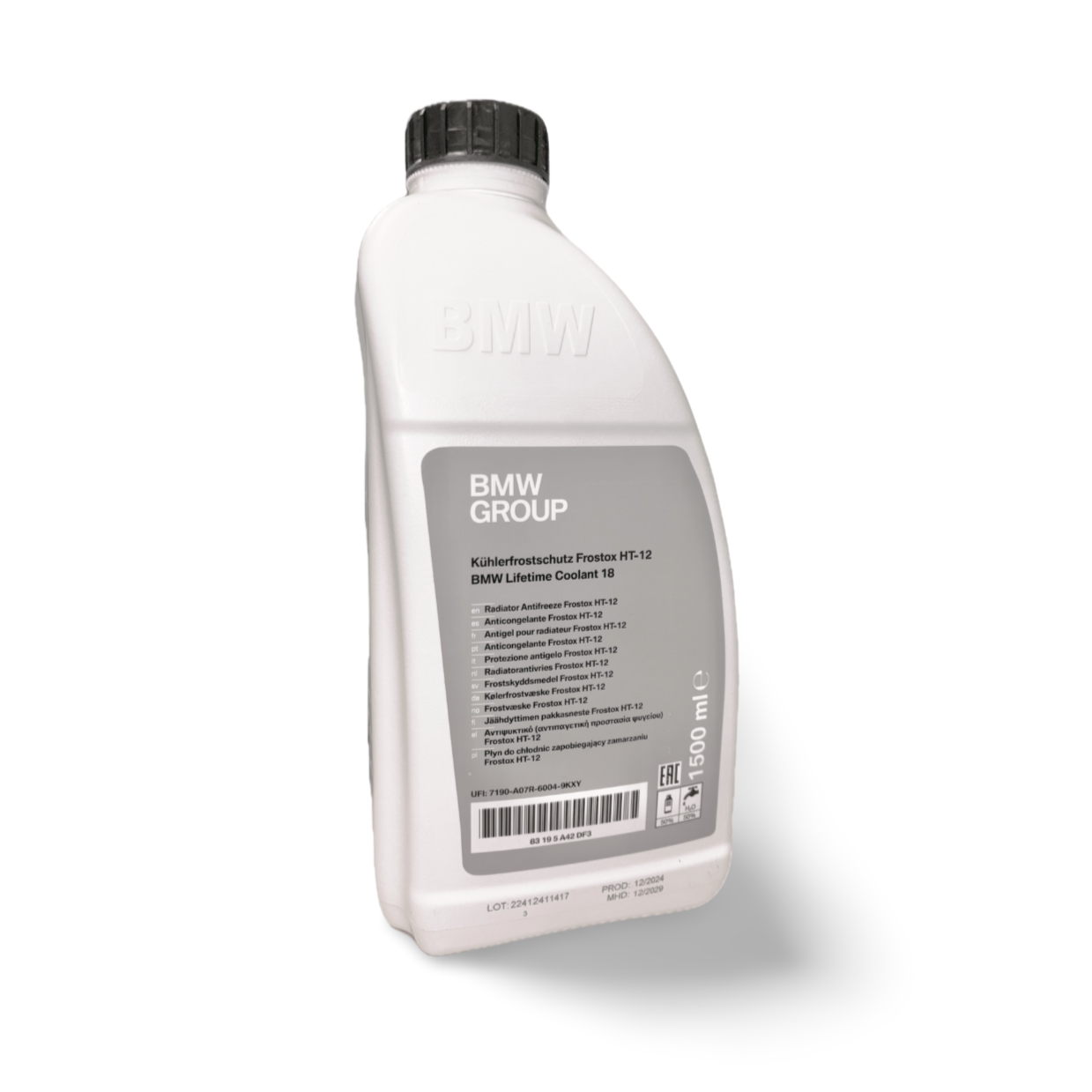 Genuine BMW green coolant antifreeze bottle, 1.5L, showing the coolant container with green liquid and BMW branding.