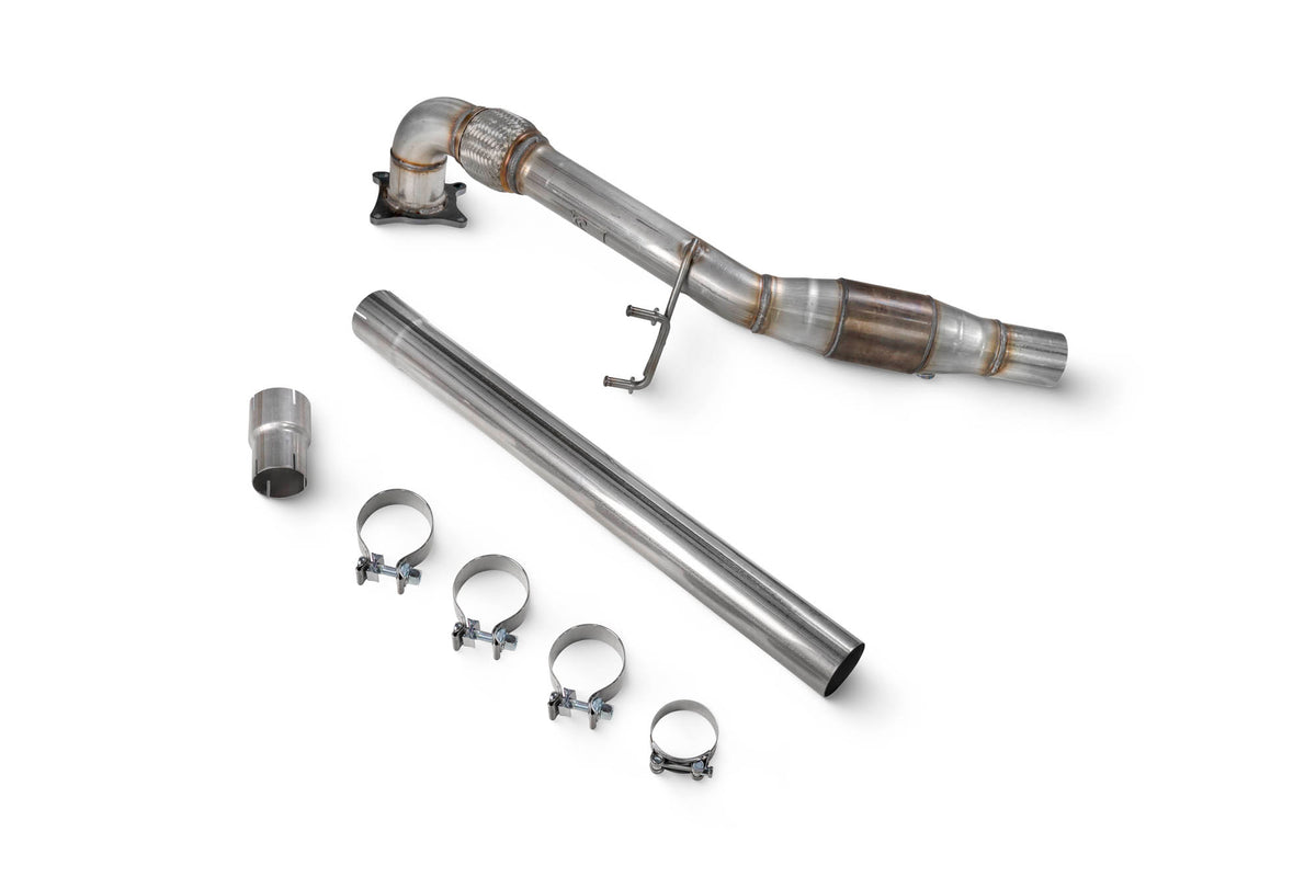 Scorpion Audi TT MK2 TTS sports cat downpipe with high flow sports catalyst, metal piping and flange for exhaust upgrade.