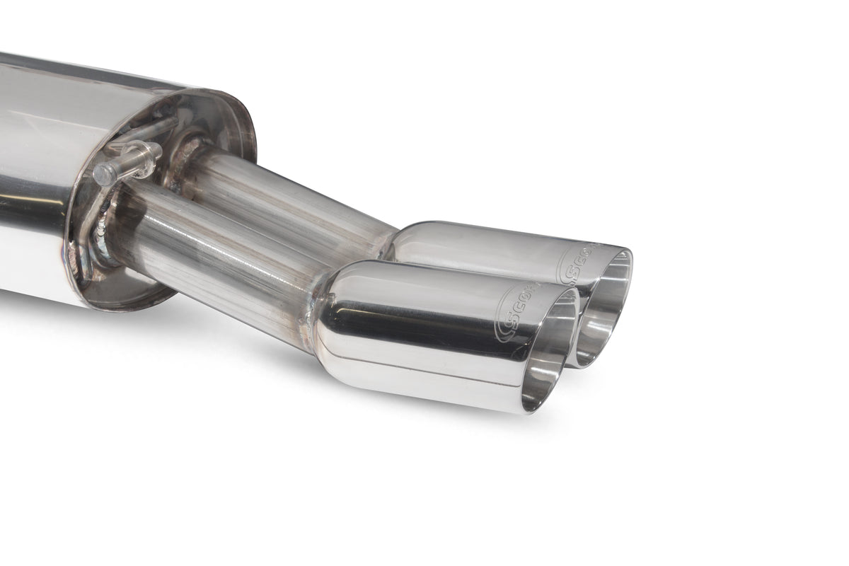 Scorpion Seat 1.2 TSI 6J, 6P resonated cat-back exhaust system with polished stainless steel pipes and dual exhaust tips.