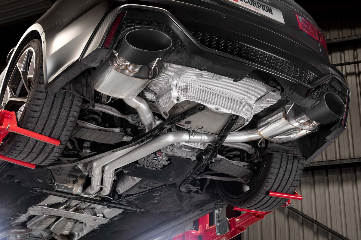 Scorpion Audi RS6 C8 and RS7 C8 half exhaust system with polished metal pipes and dual exhaust tips.