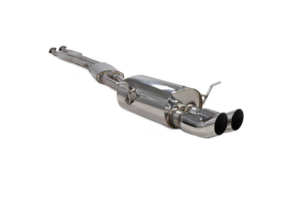 Scorpion BMW E46 cat-back exhaust system installed on coupe, saloon, and estate models, showcasing polished stainless steel tubing and muffler