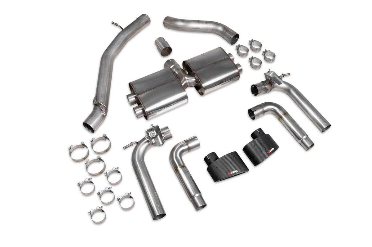 Scorpion Audi S3 8V saloon GPF-back exhaust system with valves, non-resonated cat-back system with stainless steel pipes and mufflers.