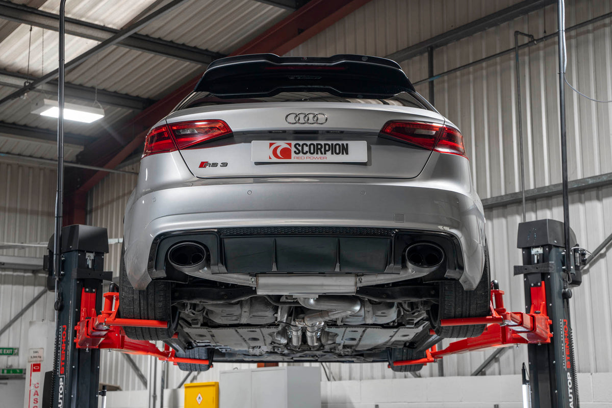 Scorpion Audi RS3 8V pre-facelift cat-back exhaust system without valves, showcasing stainless steel pipes and muffler details.