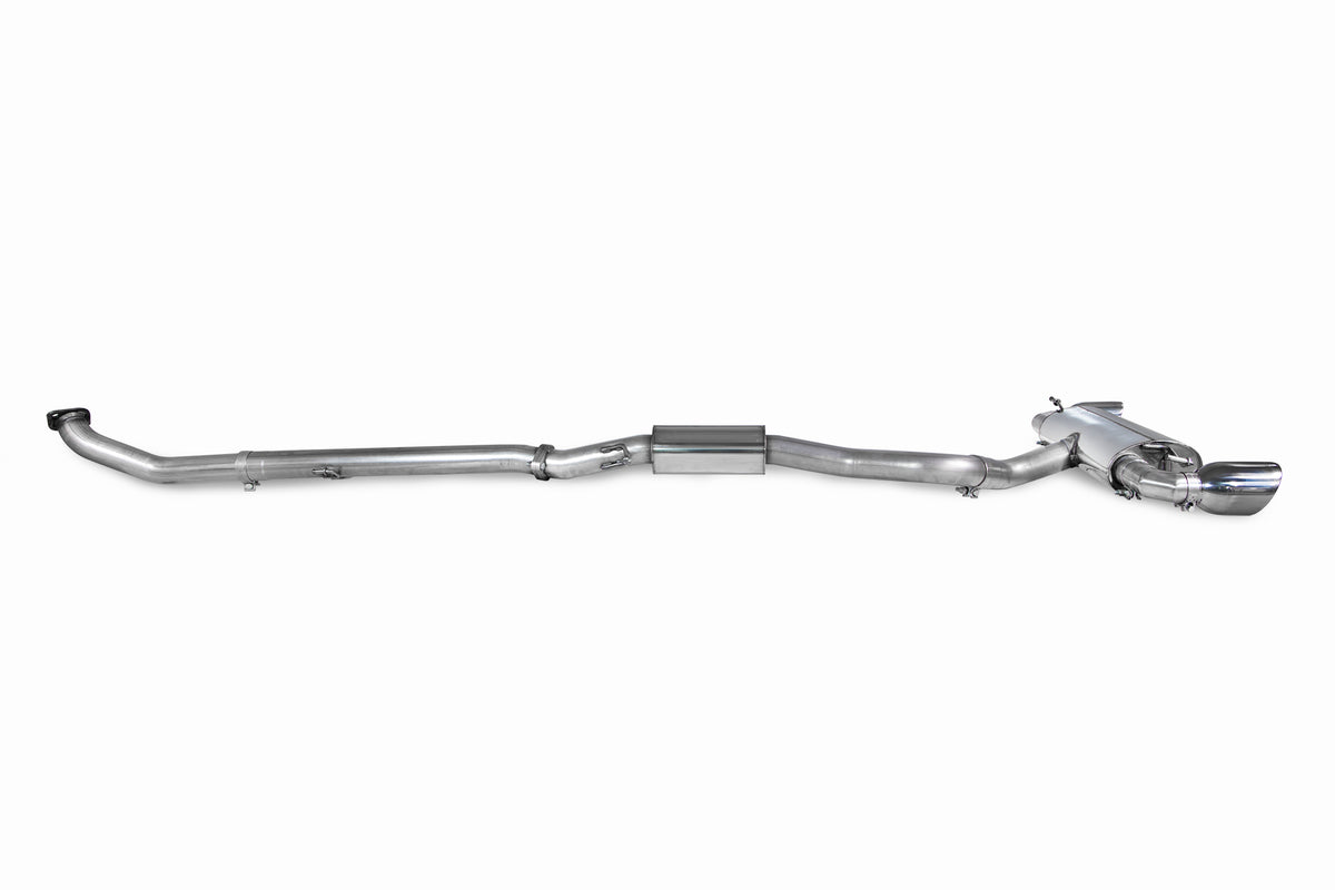 Scorpion Toyota GR Yaris GPF-Back Exhaust System with resonated pre-facelift design, showcasing polished metal pipes and muffler.