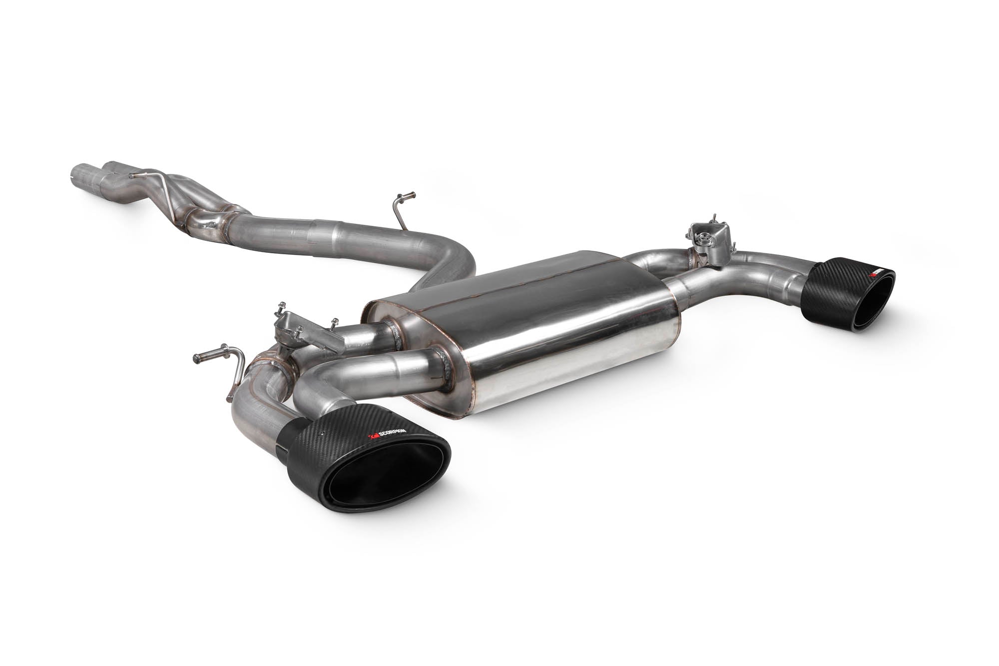Scorpion Audi RS3 8V pre-facelift non-resonated cat-back exhaust system with valves, showing polished stainless steel pipes and mufflers.