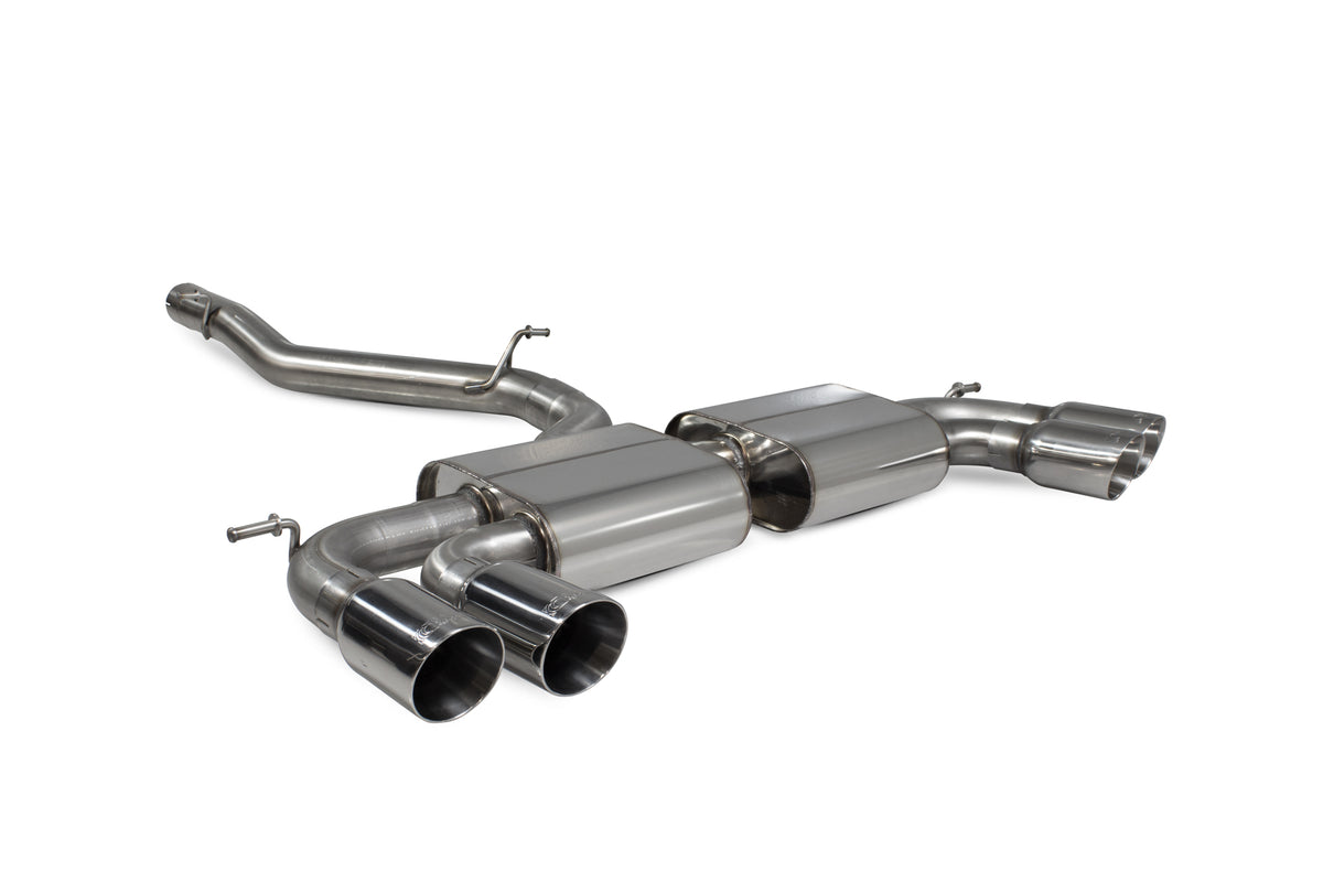 Scorpion Volkswagen Golf MK7 R non-resonated cat-back exhaust system with no valves, shown installed on the vehicle.