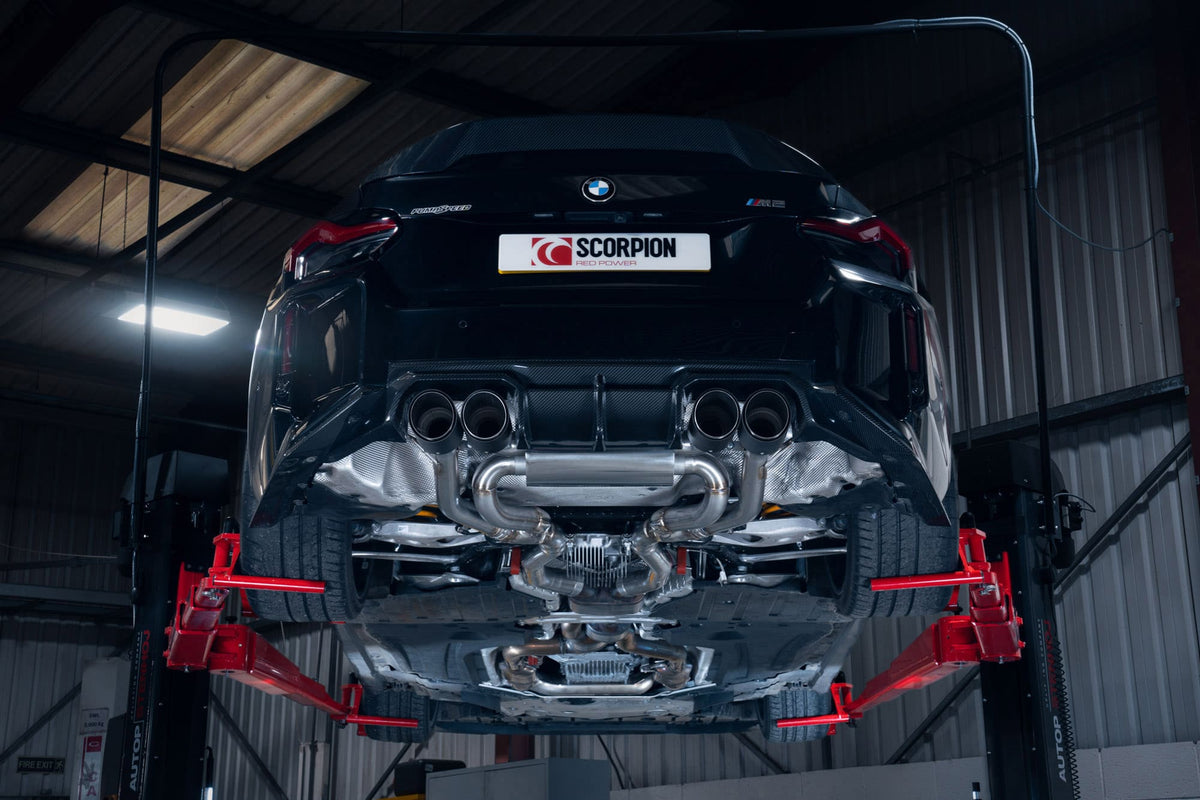 Scorpion BMW M2 G87 half exhaust system with polished stainless steel tips and performance-focused design.