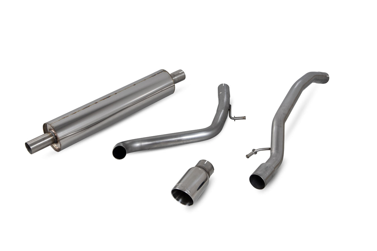Scorpion Volkswagen UP! GTI TSI resonated cat-back exhaust system with polished metal pipes and dual exhaust tips.