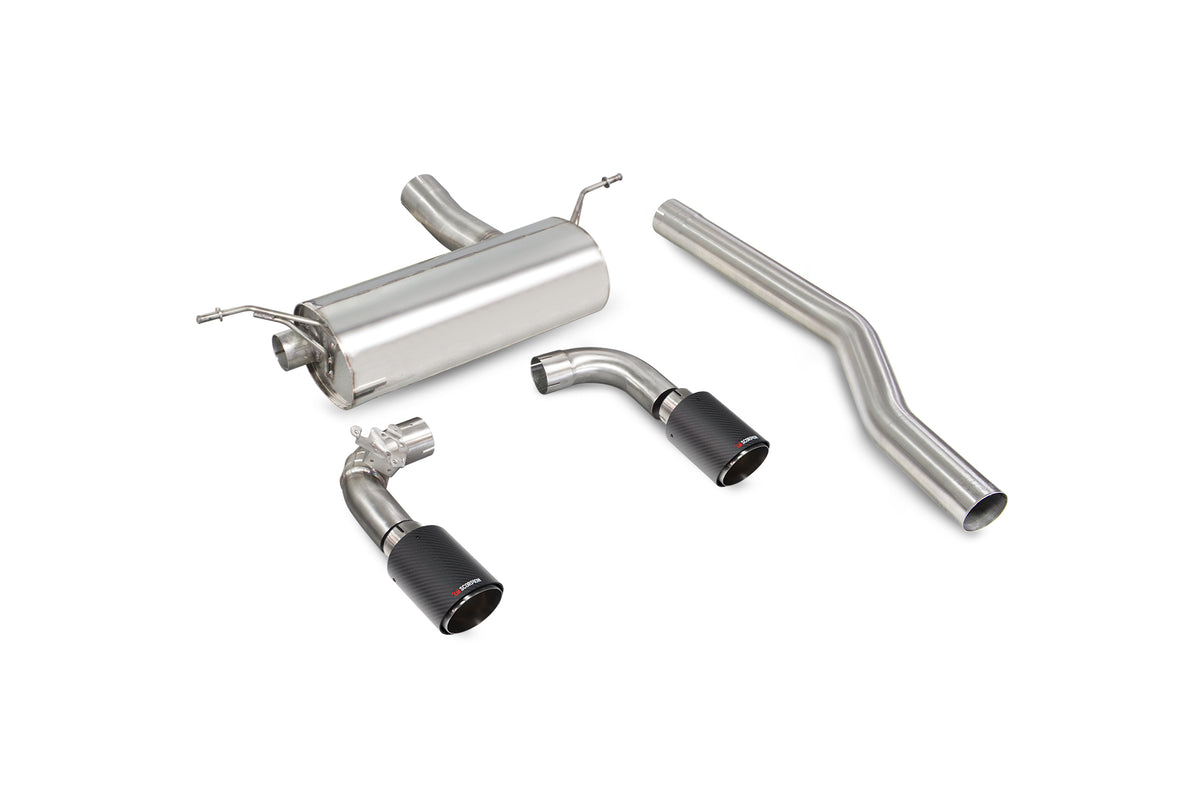 Scorpion BMW M240i GPF back exhaust system with electronic valve, showcasing polished metal pipes and dual exhaust tips.