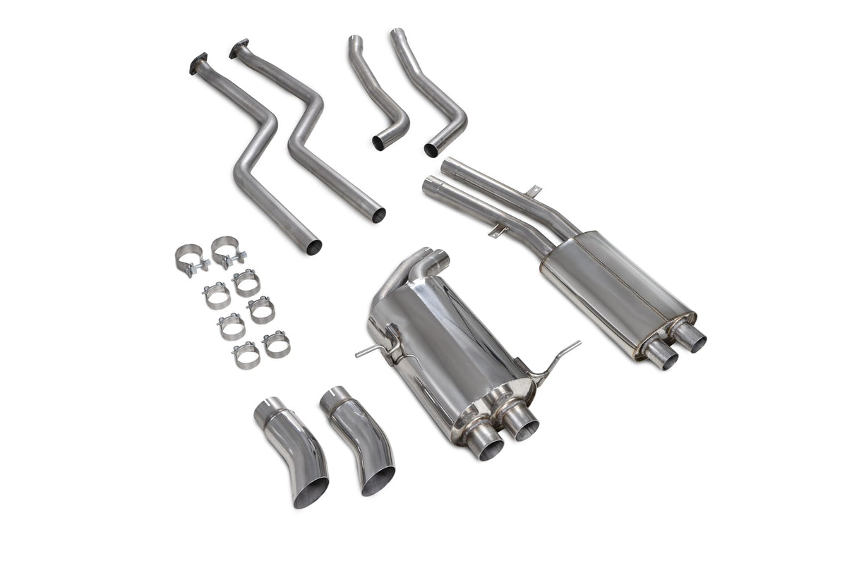 Scorpion BMW 3 Series E46 cat-back exhaust system installed on coupe, saloon, and estate models, showcasing polished stainless steel pipes