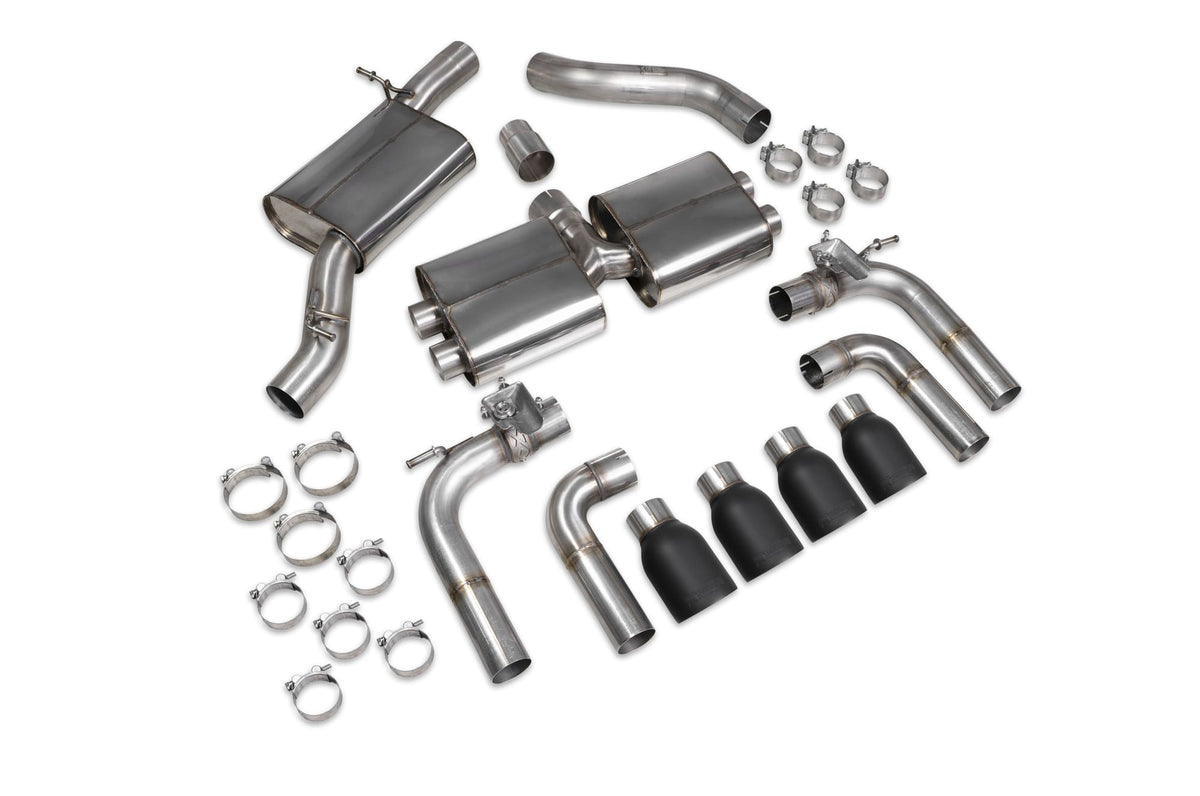 Scorpion Audi S3 8V saloon GPF-back exhaust system with resonated design and valves, showcasing polished metal pipes and muffler details.