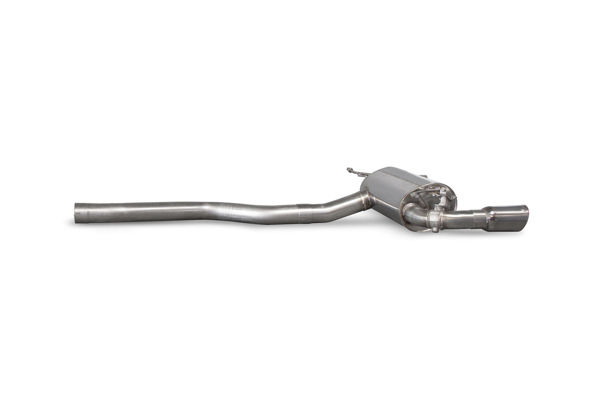 Scorpion BMW M240i GPF back exhaust system with electronic valve, showcasing polished metal pipes and dual exhaust tips.