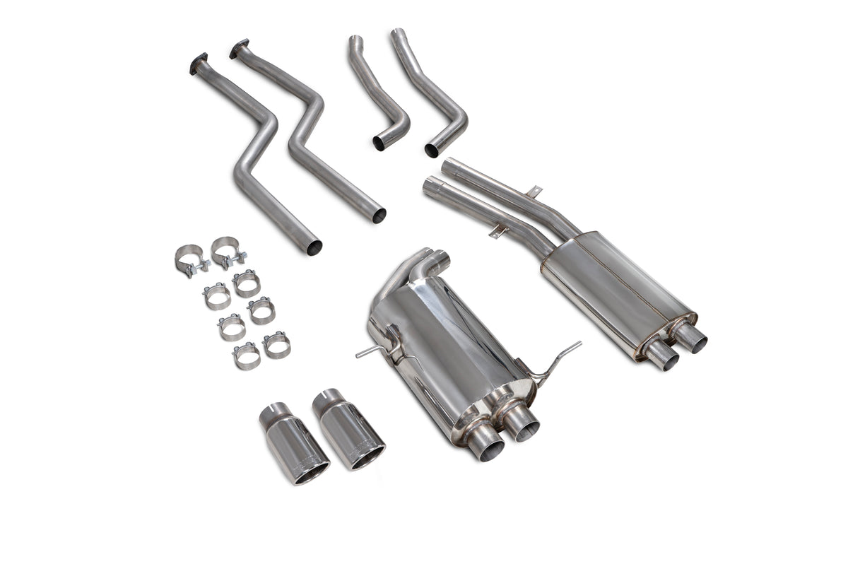 Scorpion BMW E46 cat-back exhaust system with polished stainless steel tips on a coupe model, showing detailed piping and muffler.