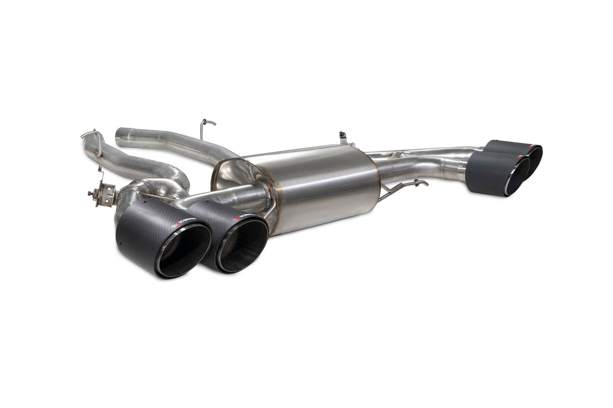 Scorpion BMW X3 M G01 half exhaust system with competition valves, showing the metallic exhaust pipes and valve components.