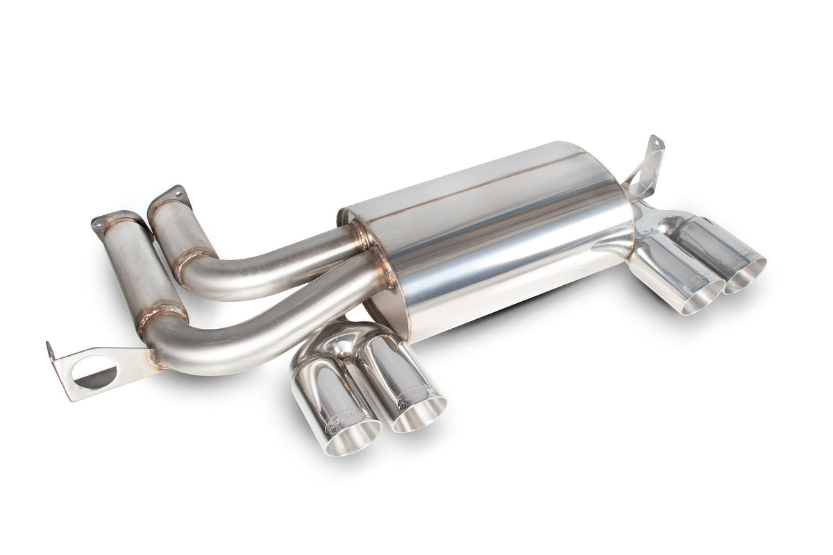 Scorpion BMW M3 E46 rear silencer exhaust part, showcasing the stainless steel muffler with inlet and outlet pipes.