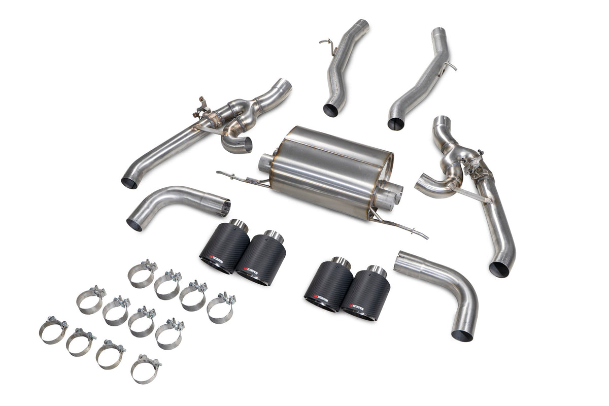 Scorpion BMW X3 M G01 half exhaust system with valves, featuring polished metal pipes and exhaust tips on a vehicle.