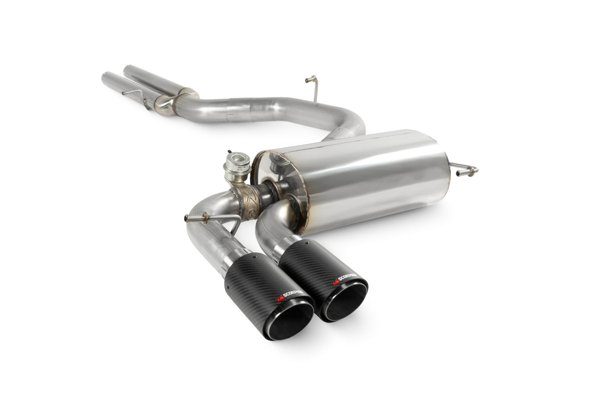 Scorpion Audi RS3 8P non-resonated cat-back exhaust system with polished stainless steel pipes and dual exhaust tips.