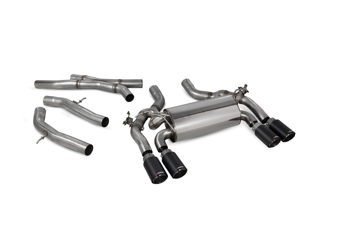 Scorpion BMW M2 Competition F87N GPF-Back Exhaust System with electronic valves, showcasing polished stainless steel pipes and exhaust tips.
