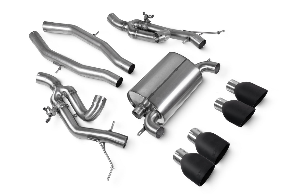 Scorpion BMW M2 G87 half exhaust system with polished metal pipes and dual exhaust tips, designed for high-performance car upgrades.