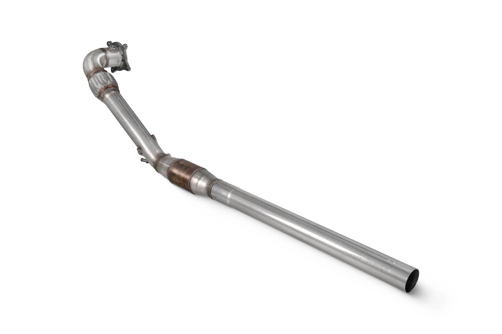 Scorpion Audi TT MK2 TTS sports cat downpipe with high flow sports catalyst, showcasing the shiny metal pipe and catalytic converter.