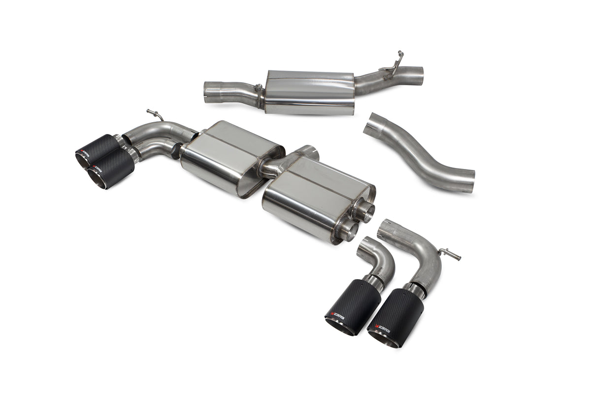 Scorpion Audi SQ2 GPF-Back Exhaust System with resonated pipes, non-valved design, showcasing polished stainless steel tips and piping.
