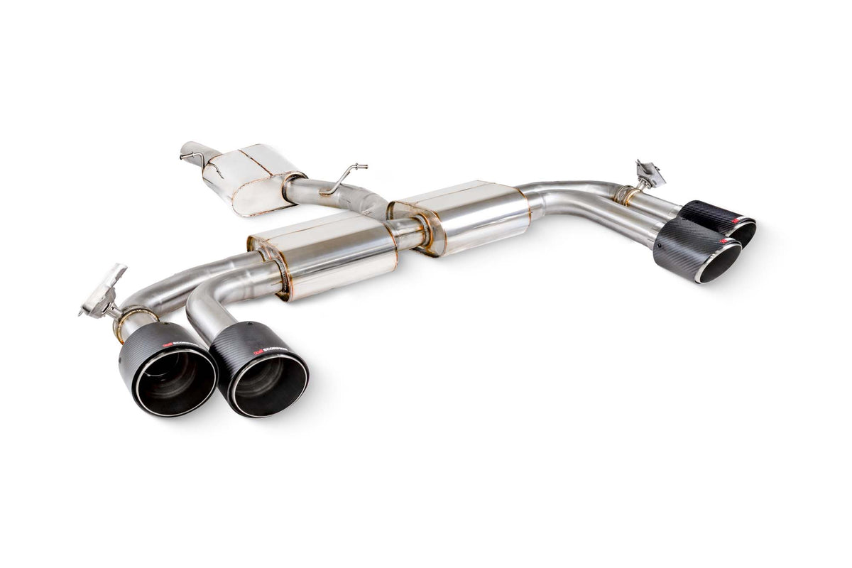 Scorpion Audi S3 8Y saloon GPF-back exhaust system with resonated cat and electronic valves, showcasing polished metal pipes and muffler
