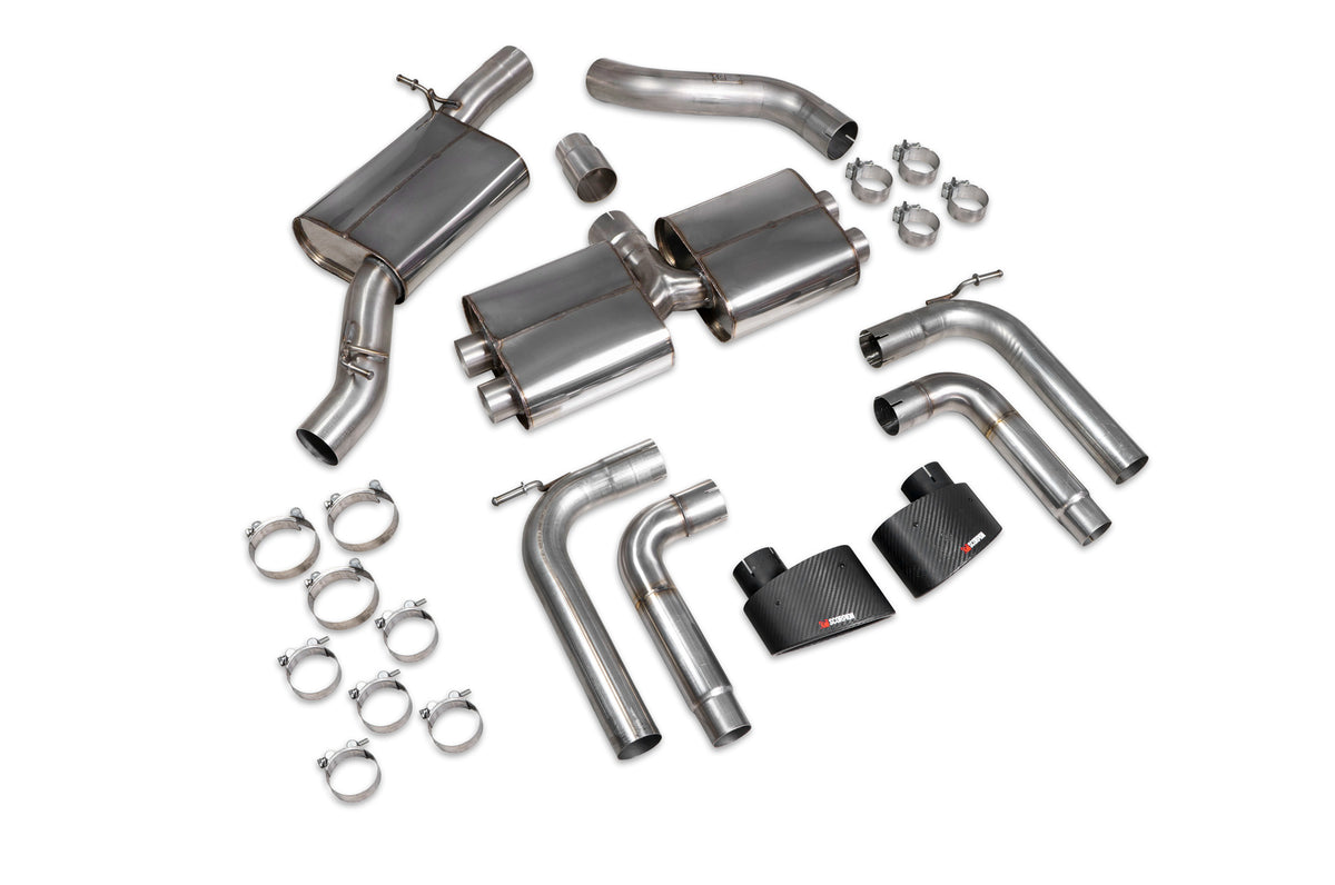 Scorpion Audi S3 8V saloon GPF-back exhaust system without valves, showing polished stainless steel pipes and resonated muffler.