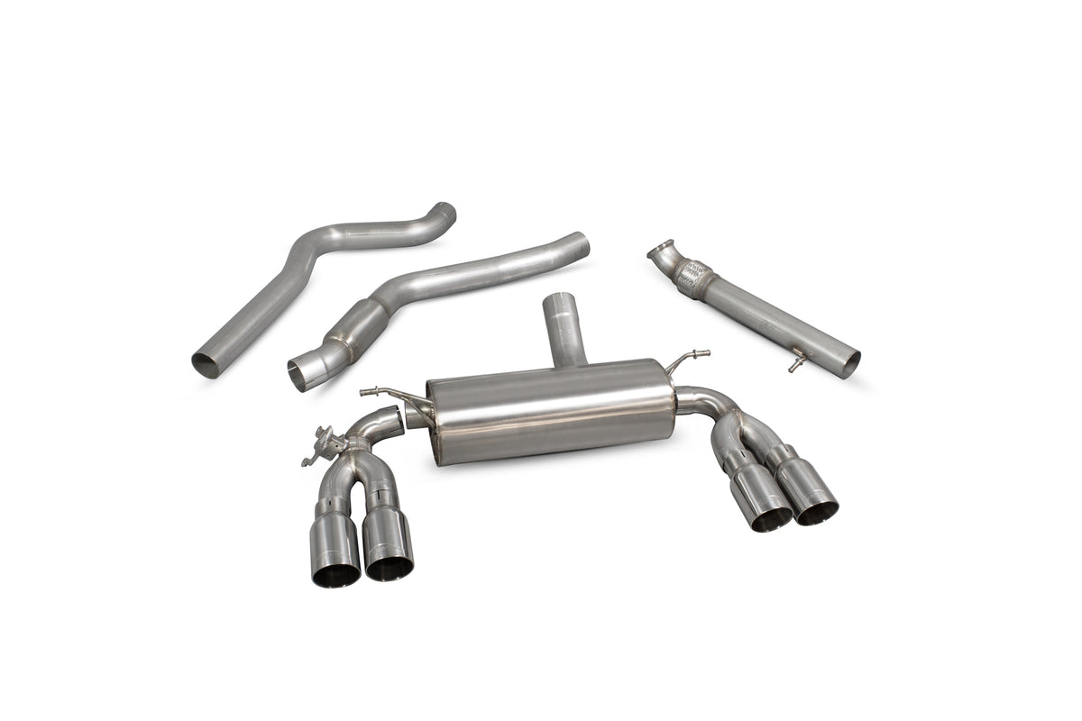 Scorpion BMW M2 F87 non-GPF cat-back exhaust system with electronic valve, showcasing stainless steel pipes and muffler assembly.