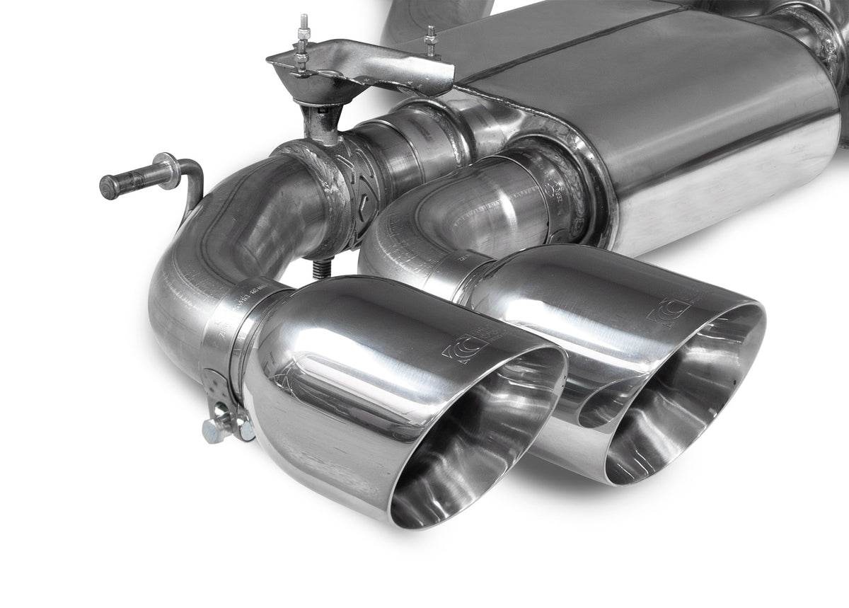 Scorpion Audi S3 8Y Sportback GPF-Back Exhaust System with electronic valves, non-resonated, featuring polished exhaust tips.