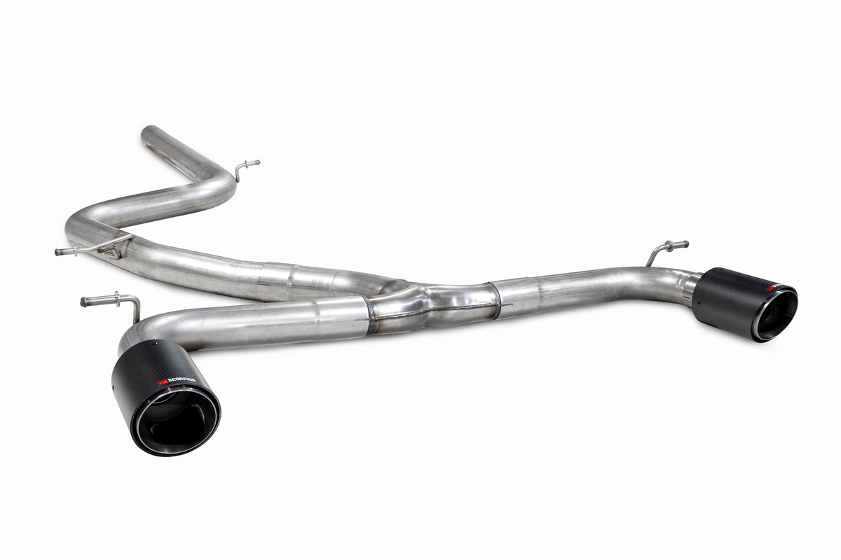 Scorpion Volkswagen Golf MK7 GTD cat-back exhaust system with GTI style dual tips, stainless steel construction, and polished finish.