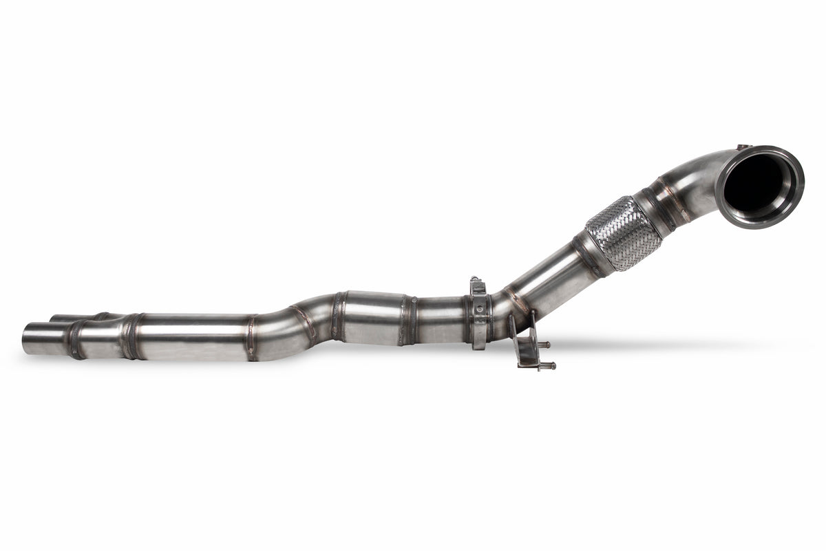 Scorpion Audi TT MK2 TTRS RS3 8P sports cat downpipe with high-flow catalyst, showcasing stainless steel construction and polished finish.