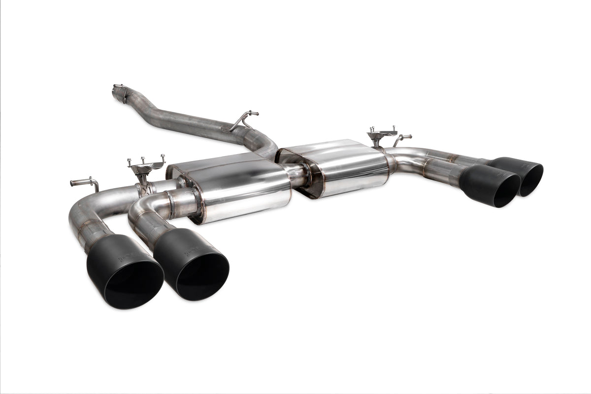 Scorpion Audi S3 8V saloon GPF-back exhaust system with non-resonated pipes and valves, showcasing polished stainless steel components.