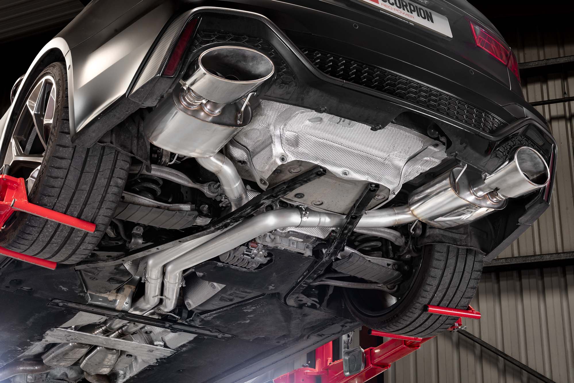 Scorpion Audi RS6 C8 and RS7 C8 half exhaust system with polished stainless steel pipes and dual exhaust tips.