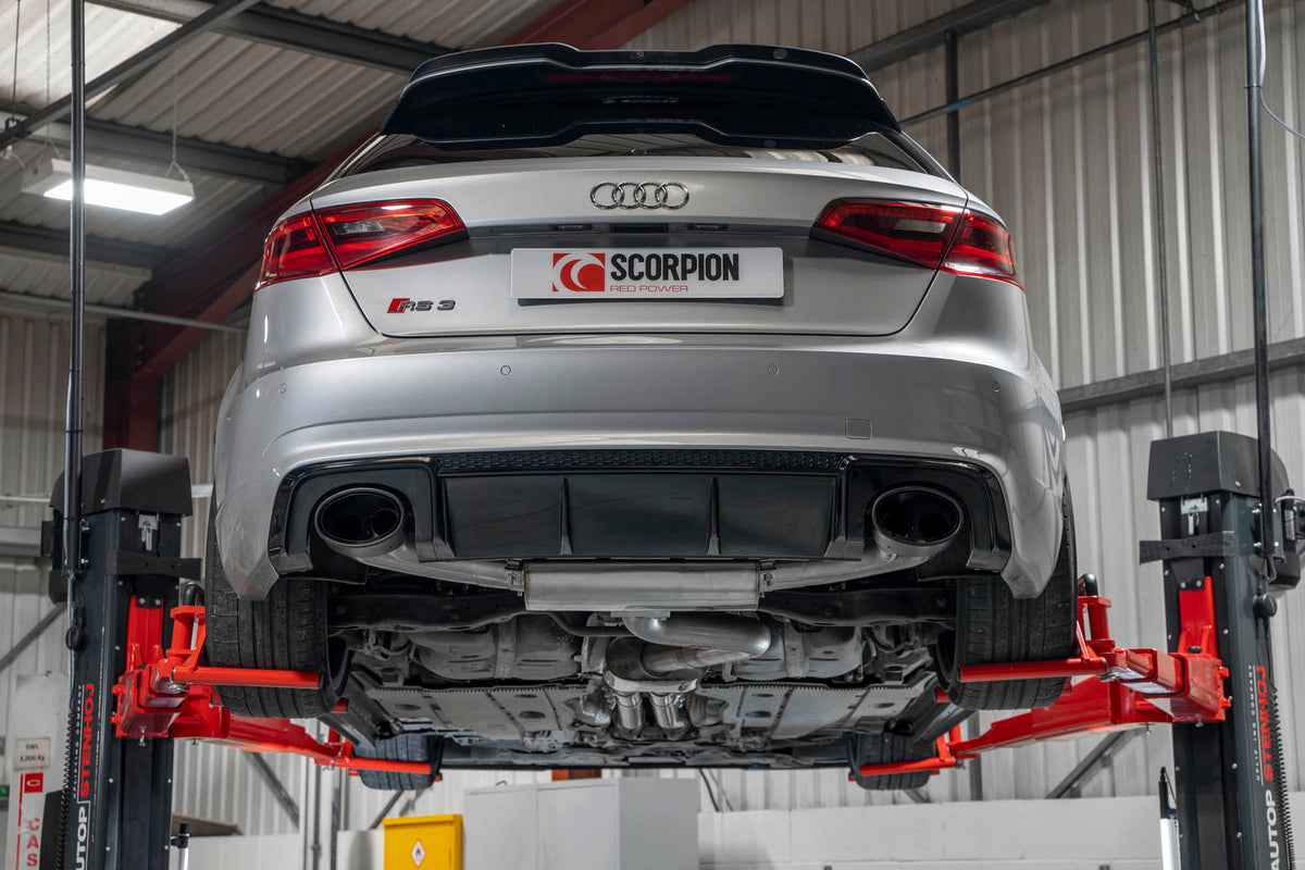 Scorpion Audi RS3 8V pre-facelift resonated cat-back exhaust system without valves installed on a vehicle.