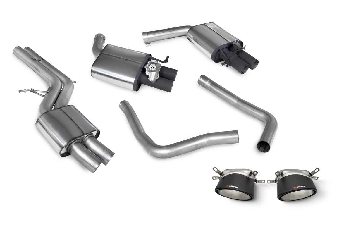 Scorpion Audi RS6 C7 Avant resonated tailpipe trim with polished metal finish and integrated exhaust tips.