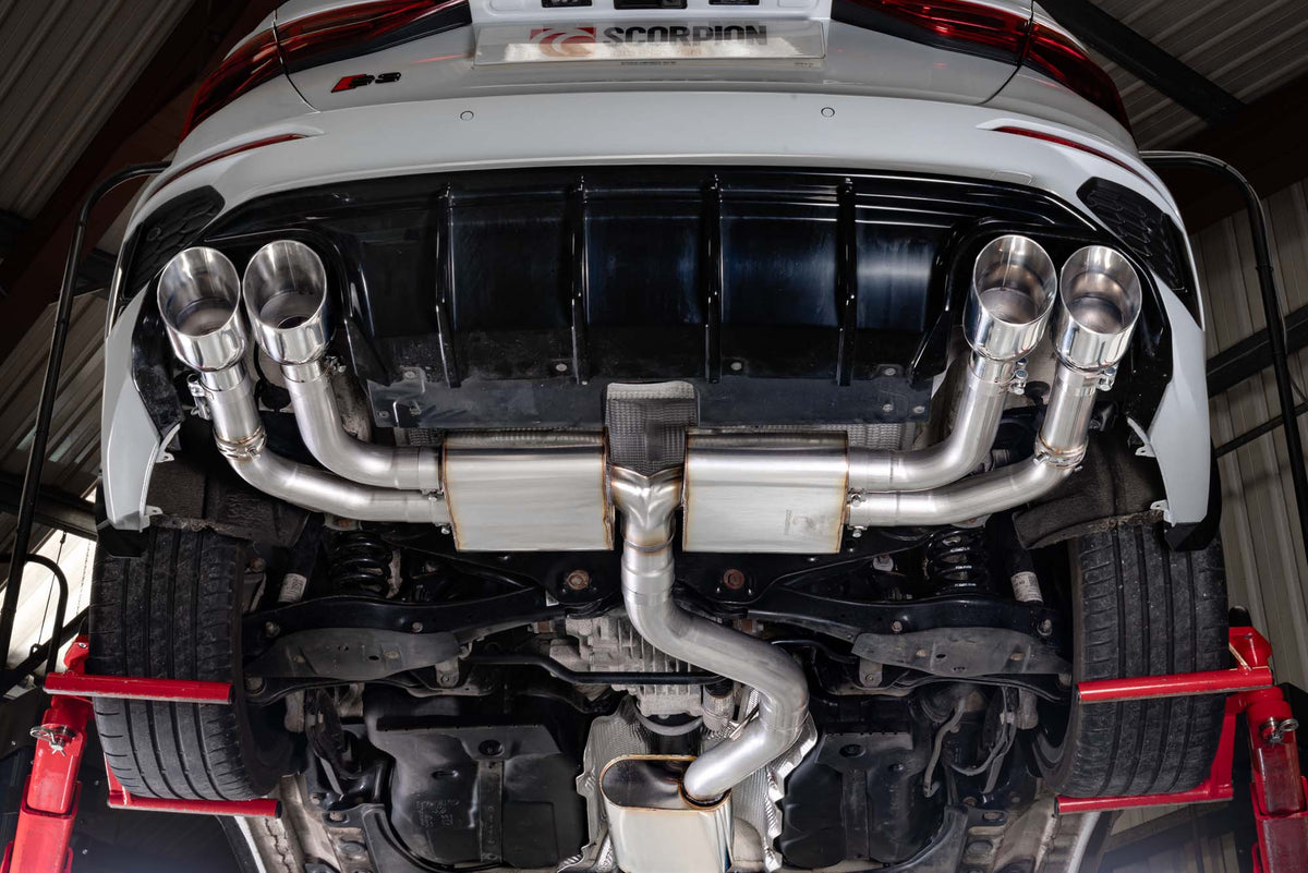 Scorpion Audi S3 8Y saloon GPF-back exhaust system with resonated cat and electronic valves, showing polished metal pipes and mufflers.