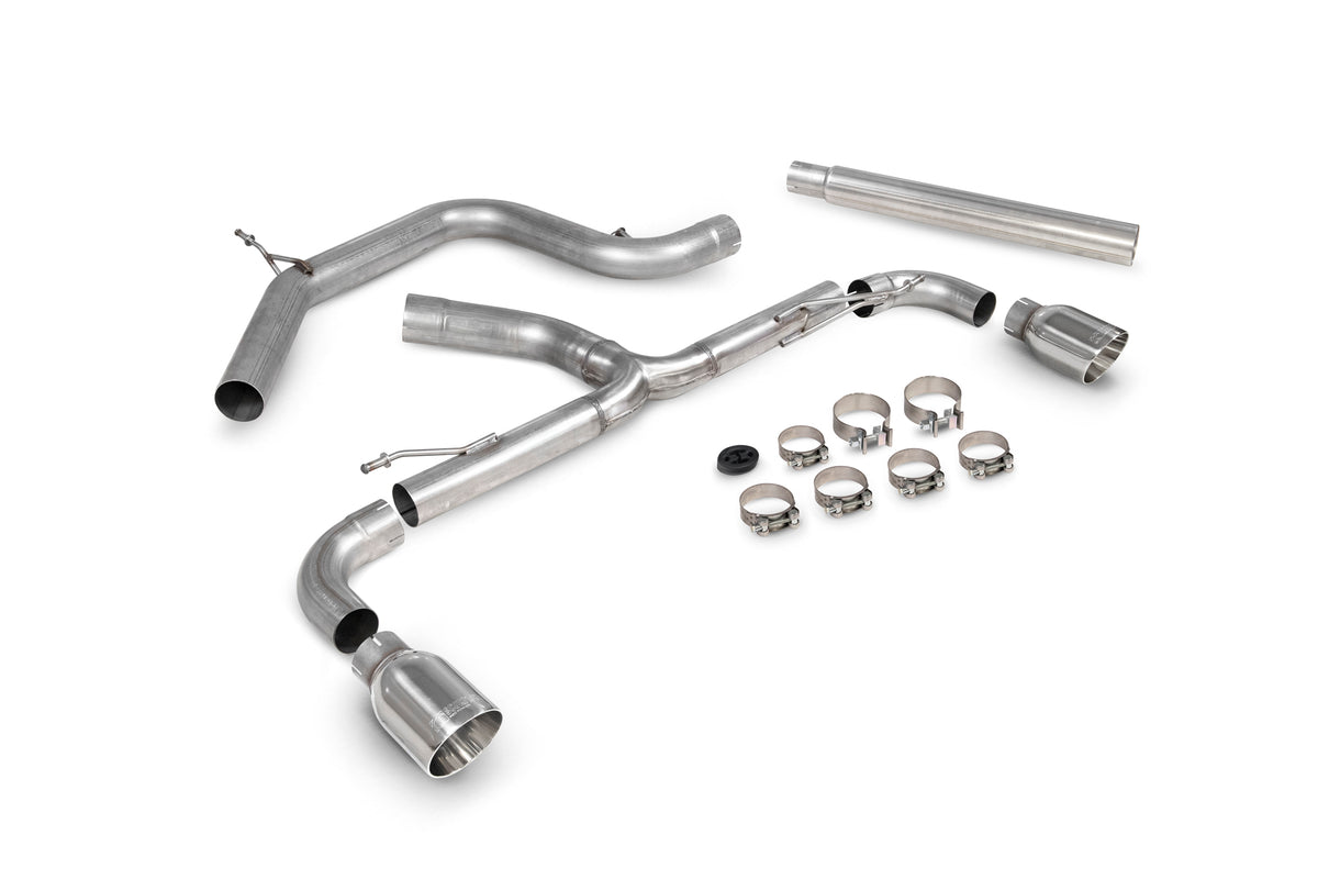 Scorpion Volkswagen Scirocco R non-resonated predator cat-back exhaust system installed on a car, showcasing the polished stainless steel pipes.