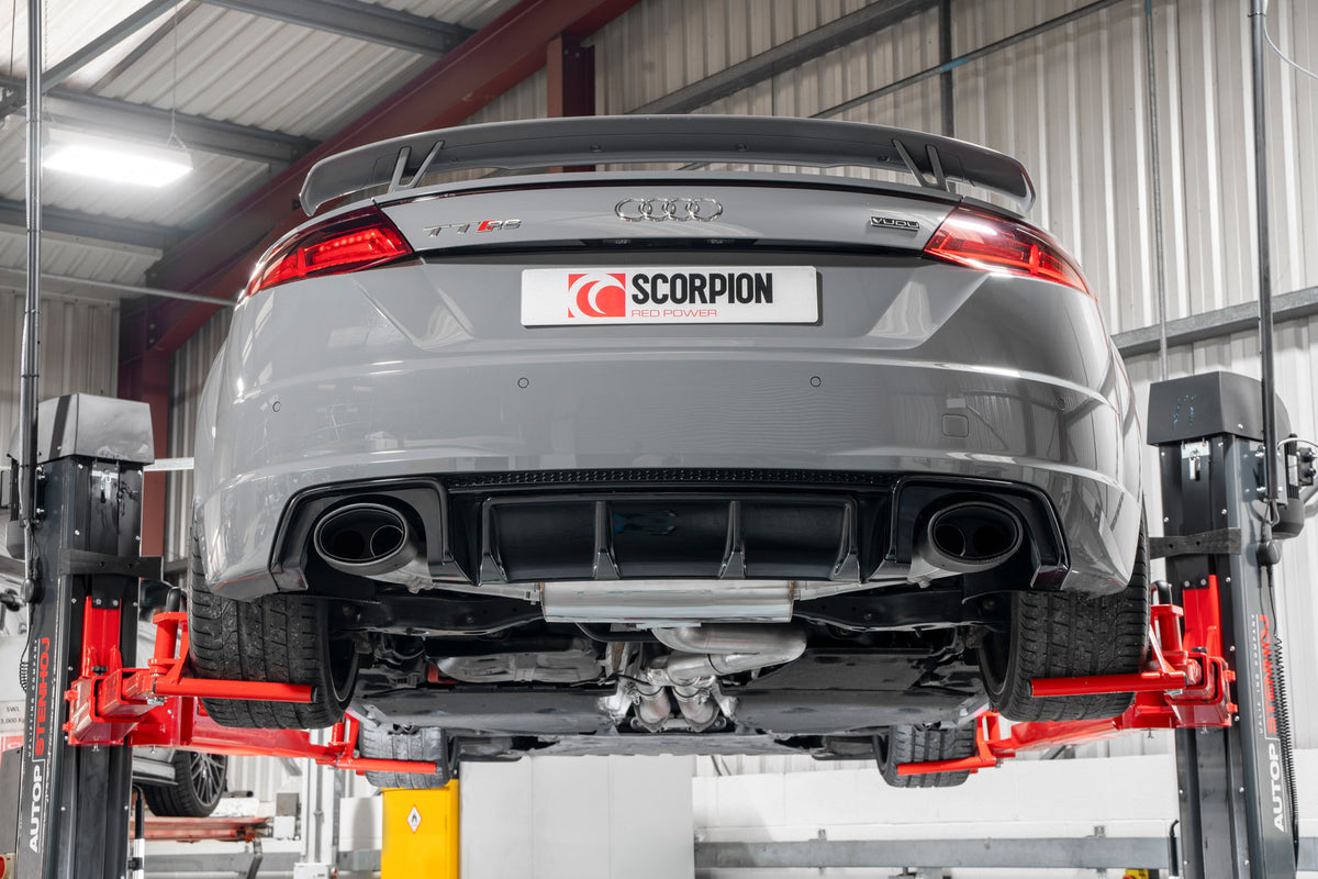 Scorpion Audi TT MK3 GPF-Back Exhaust System with valves, non-resonated, showcasing polished metal pipes and exhaust tips.