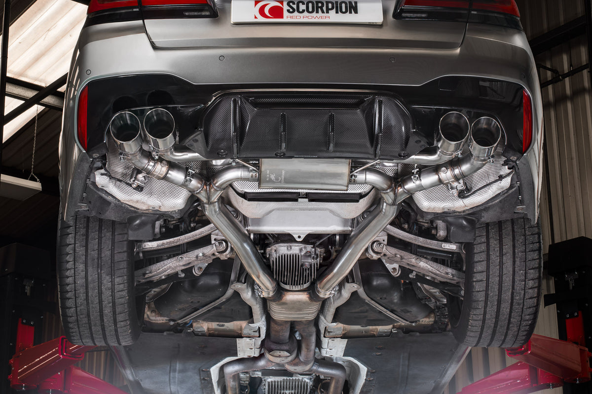 Scorpion BMW F90 M5 Half Exhaust System with electronic valves, showing polished metal pipes and valve controls.