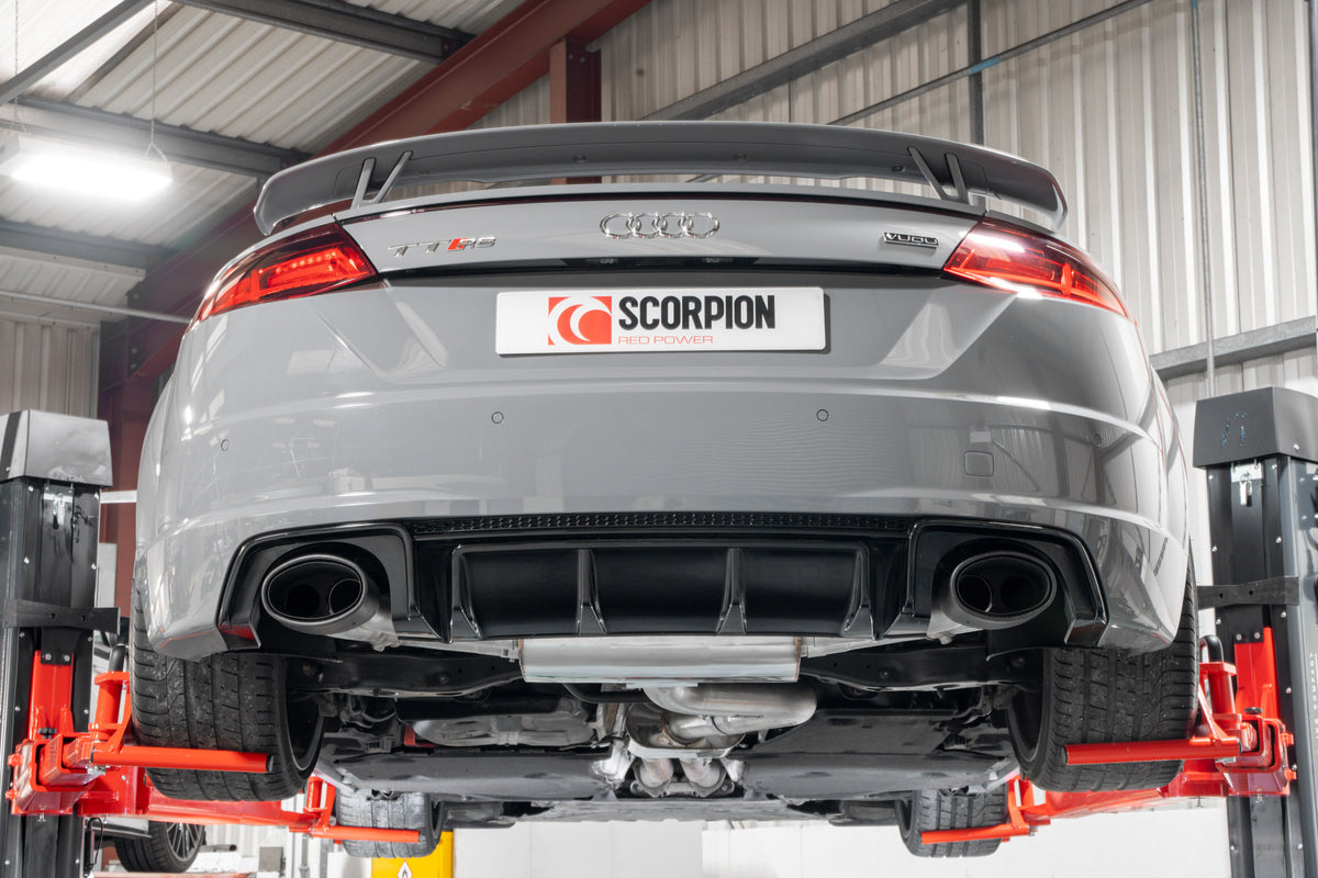 Scorpion Audi TT MK3 TT RS GPF-back exhaust system with resonated pipes and valves, designed for GPF and non-GPF models.
