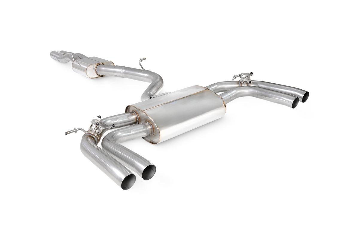 Scorpion Audi RS3 8Y Sportback GPF-Back Exhaust System with valves, showing polished metal pipes and dual exhaust tips.