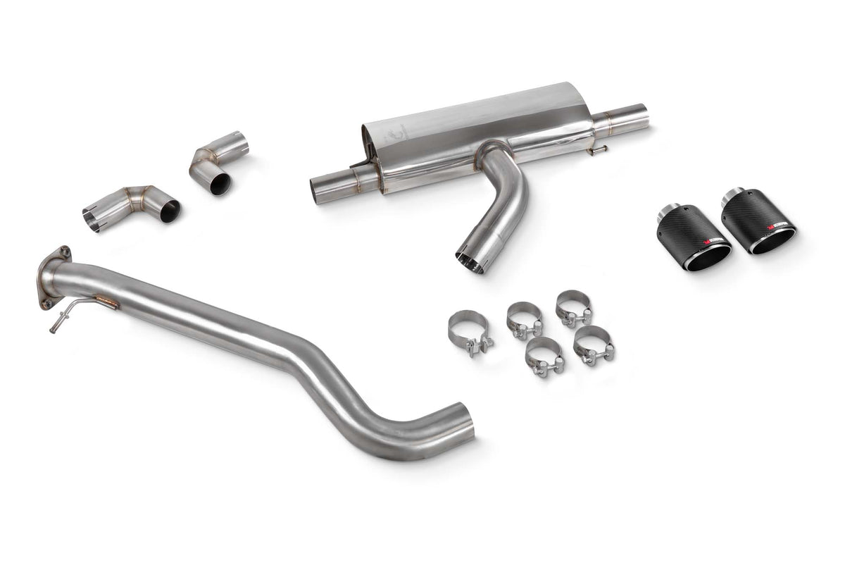 Scorpion Toyota Yaris GR GEN 2 GPF-Back Exhaust System showing polished stainless steel pipes and dual exhaust tips.