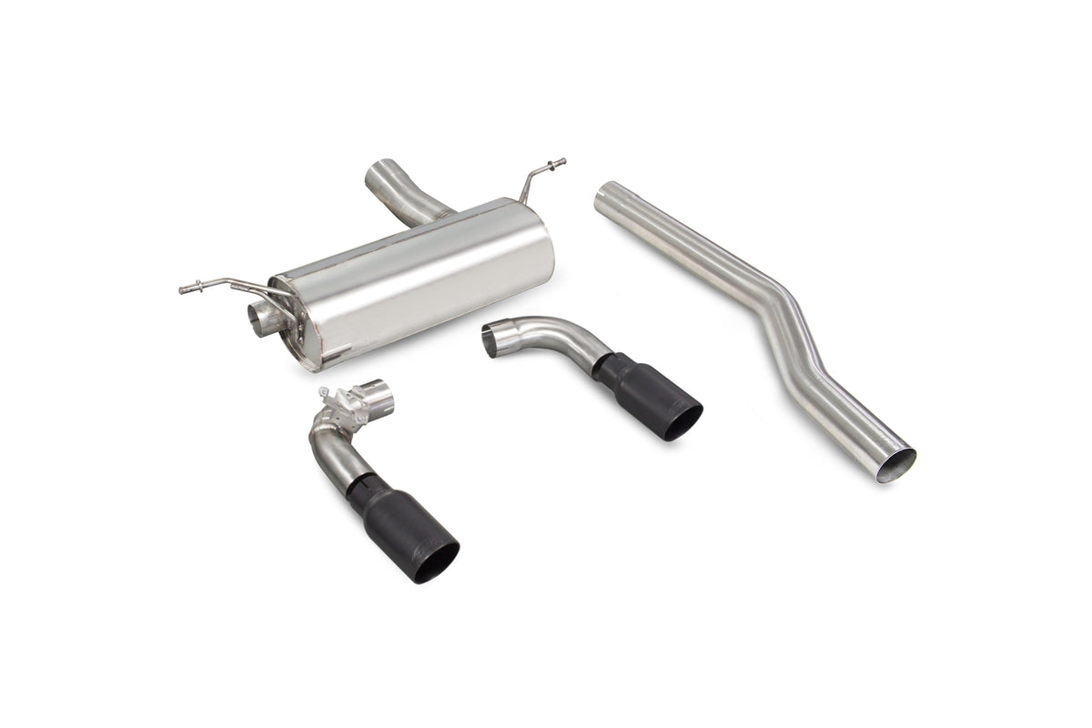 Scorpion BMW M240i GPF-back exhaust system with electronic valve, showing polished stainless steel pipes and dual exhaust tips.